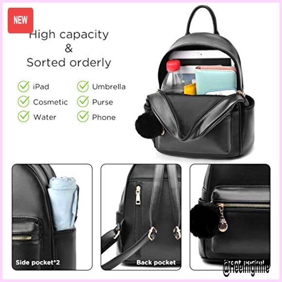 Leather Mini Backpack Purse with Pompom, 3 Zipper Pockets, Travel Daypack
